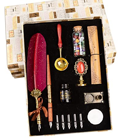 Stylo Dip à Plume Set, JasCherry Plume Calligraphie et Encre avec Sceau de Cire, Encre et 5 Pointes de Rechang, Coffret Cadeau pour Signatures, Calligraphie, Dessin, Ecriture, Décoration