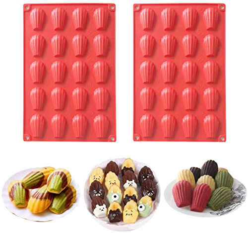 HYCSC 20 Cavity Madeleine Pan, 2Pcs Nonstick Silicone Madeleine Molds, Shell Shape Baking Cake Mold Pan (20 Cavity Red)