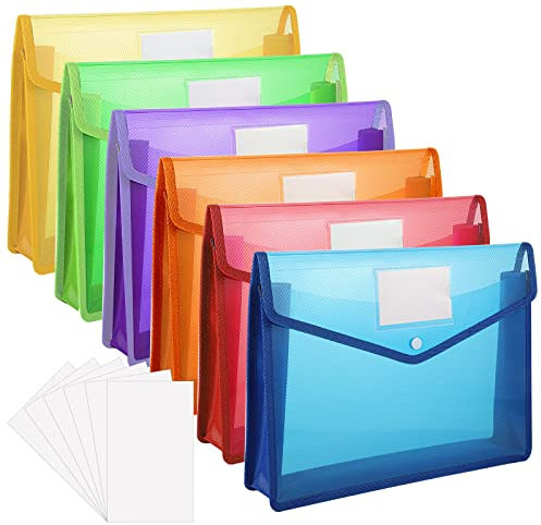 HuaJiao A4 Plastic Wallet, 6pcs Plastic File Folder Popper Wallet Document Bag Envelope File Folder with Button Card Slots for School Office Home, Blue,Green,Orange,Purple,Red