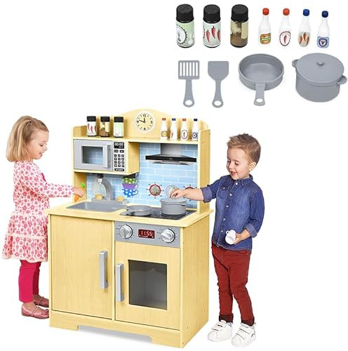 Aufun Cucina giocattolo in legno, cucina in legno con elettrodomestici da cucina inclusi 14 giocattoli, accessori per alimenti e pentole, giocattoli per bambini dai 3 anni, 59,5 x 29,5 x 92 cm