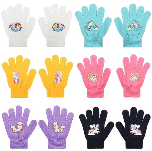 QKURT 6 Paar magische Kinderhandschuhe, Unisex-Winter-Strickhandschuhe, bunt, warm, Kinder-Fäustlinge, dehnbar, Geburtstags- und Weihnachtshandschuhe mit Einhornmuster für 5–12 Jahre