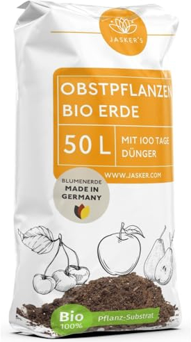 JASKER'S Bio Erde für Obstpflanzen & Obsterde 50 L - Pflanzerde mit 30% weniger Torf - Universalerde - Obst Erde - Erde für Apfelbaum, Kirschen und andere Obstbäume - Erde Garten, BLU-OBS-1005