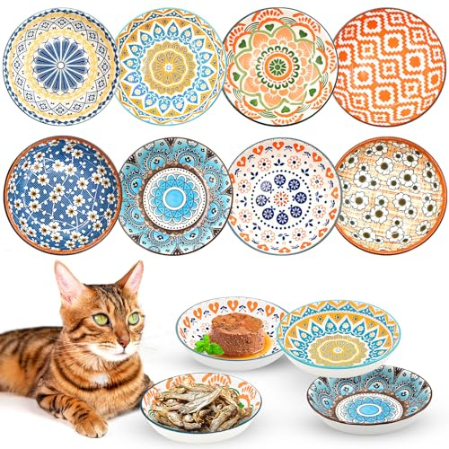 Ceramic Cat Bowls Set of 8 - Colorful Cute Shallow Cat Dishes Great for Multi-Pet Homes - 5.5 Inch, Whisker Friendly and Wide - Microwave & Dishwasher Saf