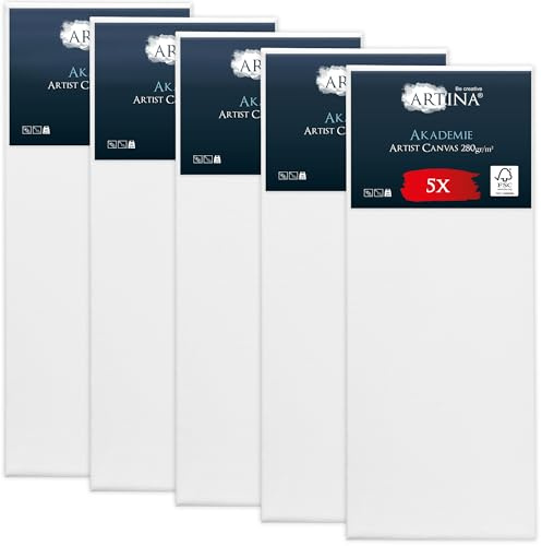 Artina 5pcs Paint Canvas Set 30x80 cm – FSC® Canvas for Painting 100% Cotton Canvas Stretcher Frame 280 g/m² – Blank Canvases for Art for Acrylic, Watercolour & Oil Painting – Plain Canvas Akademie