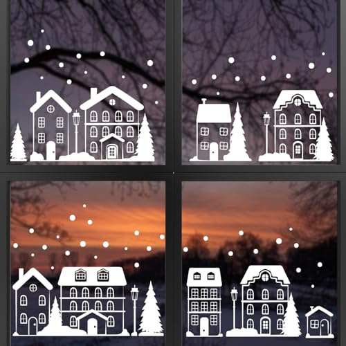 younikat Natale Immagine per finestra Villaggio invernale 70 pezzi I bianco I adesione statica I riutilizzabile Finestra dell’Avvento I dv1513