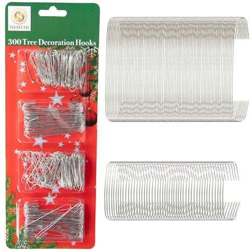 300Pcs Silver Christmas Ornaments Hangers Hooks Wire – Assorted Sizes for Christmas Tree Baubles – Reusable Hooks for Easy Xmas Decorations