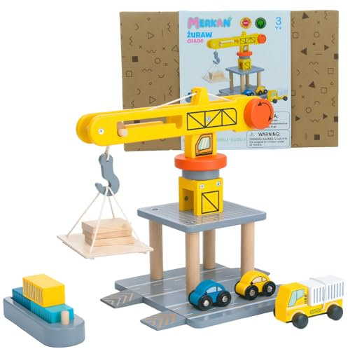 MERKAN, Holzbaustelle mit großem Fahrkranz und Fahrzeugen, Kinderkran, Selbstfahrkran, Strasskegel, Baustoffplattform