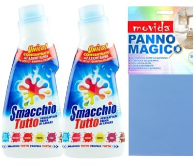 Smacchio Tutto Concentrato, Efficace su Tutte le Macchie, Dotata di Spazzolina Erogatrice, Usare Prima di Lavare, 250ml + OMAGGIO 1 Panno Magico 30x30cm (2 Flaconi + 1 Panno)