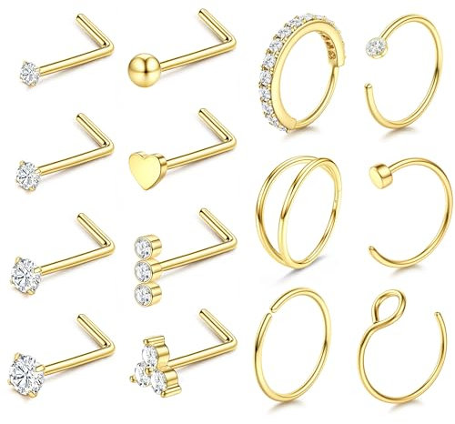 CASSIECA 20G Nose Ring Hypoallergenic Stainless Steel Nose Piercing Kit | 14K Gold Plated Nose Ring Studs Set L Shaped with 1.5/2/2.5/3mm Cubic Zirconia Nose Piercing Jewellery for Women Men