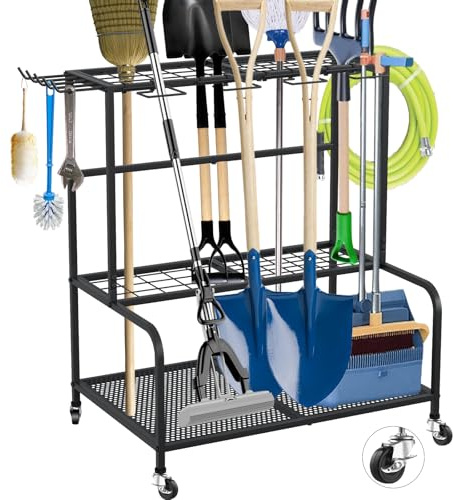 Rolling Garden Tool Organizer, More Than 78 Tool Holder with 11 Hooks, 26×24×16in Carbon Steel Tool Storage, Mobile Tool Tower for Shovels, Rakes, Hoes, Trimmers, Garage, Shed & Outdoor Storage