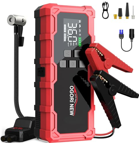 Jump Starter Power Pack 8000A, Car Battery Booster Starter with Tyre Inflator,12V Car Jump Starter with Flashlight,Large Screen,Jump Leads (10.0L Gas/8.0L Diesel)