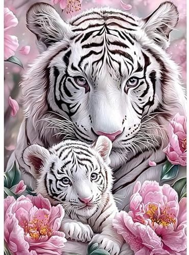 MAXBYE DIY Diamond Painting Kit Completo, 5D Diamond Art Tigre Bianca Gem Punto Croce Set Pittura Diamante fit Adulti Principiante, Fiori Rosa Parete Casa Decorazione Regalo Di Compleanno 30x40 cm