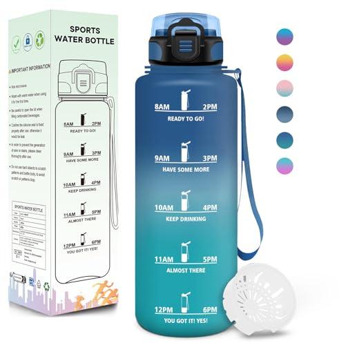 Motswedi Botella Agua, 1500ML Libre de BPA, Cantimplora Plastico, Diseño de Cerradura a Prueba de Fugas, Botella de Agua Gimnasio, Con Marca de Tiempo, Para Gym, senderismo, camping - Azul&verde