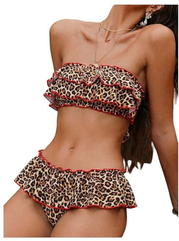 GORGLITTER Bandeau Bikini Sets for Women Cute Polka Dots Layered Ruffle Trim Tie Back Swimwear 2 Piece Retro Bathing Suits Khak Leopard Large