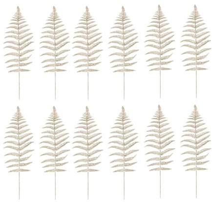 NUOBESTY 12pcs Christmas Glitter Leaves Artificial Fern Bush Tropical Leaf Decor for Wedding Christmas Flower Arrangements Wreaths Holiday Tree Decorations (Golden)
