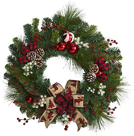 Nearly Natural 24in. Christmas Pine Artificial Wreath with Pine Cones and Ornaments
