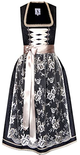 Alpenmärchen Midi Dirndl de colección exclusiva con delantal de encaje de tallas 34 hasta 60 – ALM750, negro-crema, 42