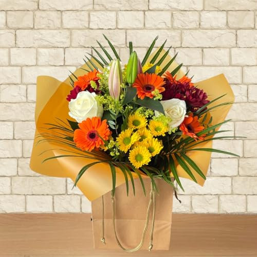 Joyful Blooms Fresh Flower Bouquet – Handcrafted Seasonal Arrangement with Yellow Lilies, Orange Gerberas, and White Roses. Is for Birthdays, Thank You, Get Well, Weddings, Easter or any Occasions