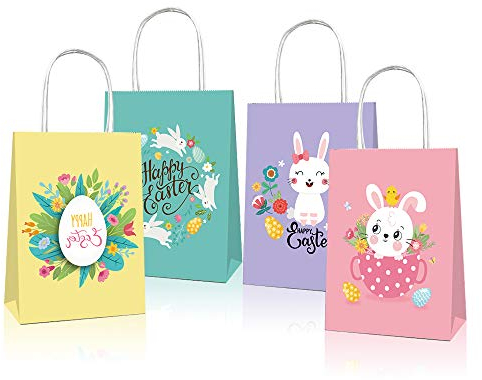 20 Stück Happy Easter Day Treat Taschen mit Griffen Große Goodie-Geschenktüten Taschen aus recyceltem Karton für Kinder Schule Klassenzimmer Party Favor Supplies Dekor Hase und Eier Osterkorbbehälter