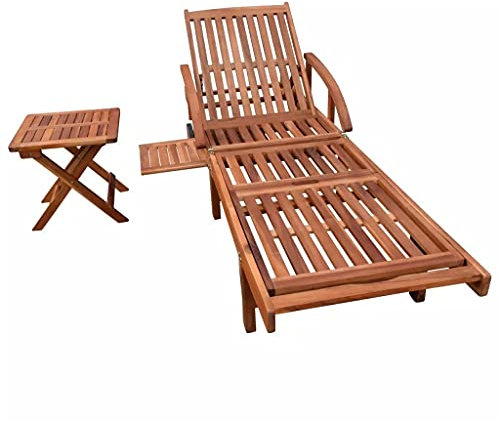 Hommdiy Massivholz 2-TLG. Sonnenliege und Tisch Set Relaxliege Akazienholz Braun Relaxliege Liegestuhl Gartenliege Holzliege Strandliege Gartenmöbel Liege (1 Sonnenliege mit Tisch)