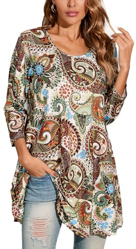 Enmain Damen Tunika Langarm Große Größen Elegant Blusen Tuniken Für Frauen Weihnachten Festliche Bluse Long Paisley Boho Oberteil Shirt,Mehrfarbig & Orange,3XL