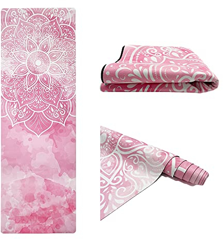 Generische rutschfeste Reise-Yogamatte, leicht und faltbar, mit Bhagayoga-Logo aus saugfähiger Mikrofaser und umweltfreundlichem Gummi – 180 x 60 cm – Pink White