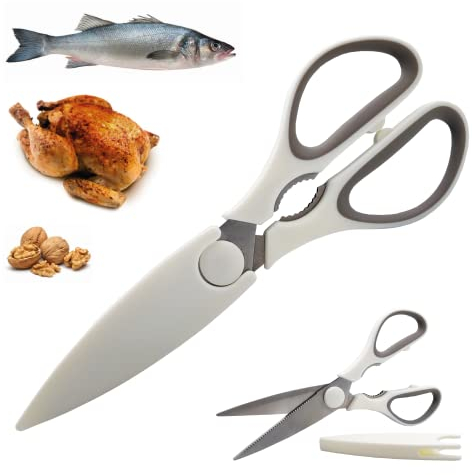 Forbici da Cucina Multiuso Acciaio Inox Multifunzione 22 cm per Pollame, Pizza, Trinciapollo, Carne, Pesce, Verdure, Ossa, Noci, Comfort Grip con Coprilama di Sicurezza