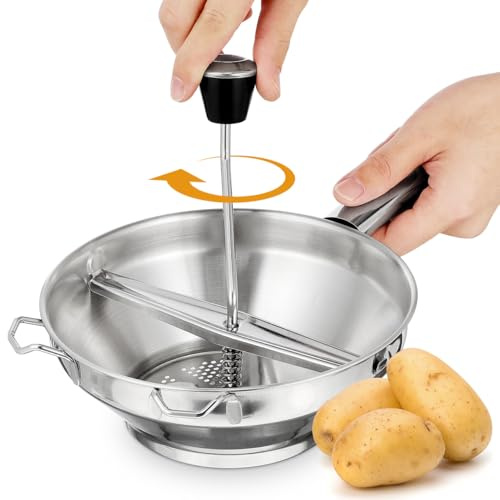Food Mill Stainless Steel, Rotary Food Mill for Tomato Sauce, Mashed Potatoes, Applesauce, Jams and More, Potato Ricer (Silver)