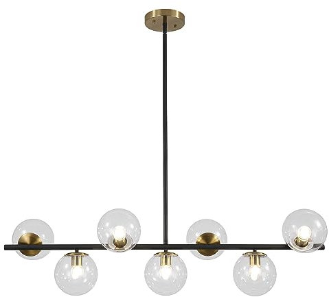 KCO Lámpara de araña negra y latón con 7 luces, lámpara de araña de burbujas de vidrio transparente, moderna y grande, candelabros Sputnik, estilo granja, dorado, lineal para cocina, iluminación