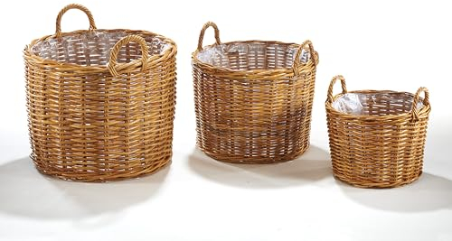 Kobolo Rattanübertopf Pflanzkorb Übertopf – Rattan lacak – rund - mit Folie - 3er Set