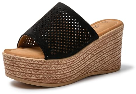 JOMIX Römer Keilabsatz Schuhe Plateau Pantoletten Damen Strandschuhe Mädchen Sommerschuhe Fussbettpantoffel Sandalen & Slides für Damen (Schwarz, 39 EU, SD9097)
