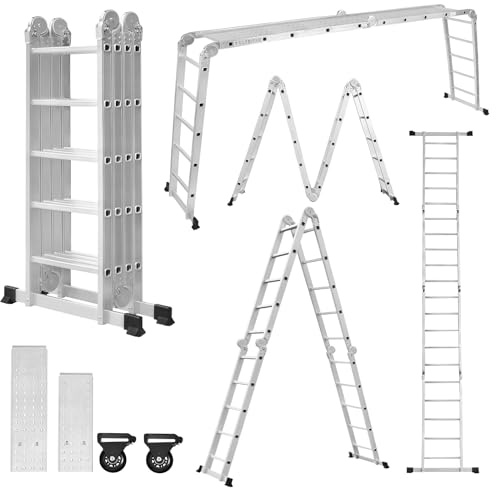 Aufun multifunktionsstege, stege av aluminiumlegering, 7-i-1 multifunktionsstege stege stege för stege, upp till 150 kg, 20 steg med 2 byggnadsställningsplattor, silver