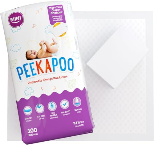 Peekapoo Mini - 100 Pack Disposable Changing Pads for Baby (18 Inches x 16 Inches) Disposable Waterproof Liners, Diaper Changing Pad Protector Mat