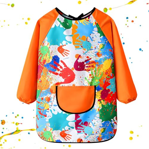 GEBETTER Babi Escolar Infantil, Delantal Niños, Delantal Infantil, Bata Escolar Pintura Impermeable Manga Larga Bolsillo Tira Espalda Guardería Colegio Escuela, Niño Niña 7 8 9 10 11 Años (Color C)