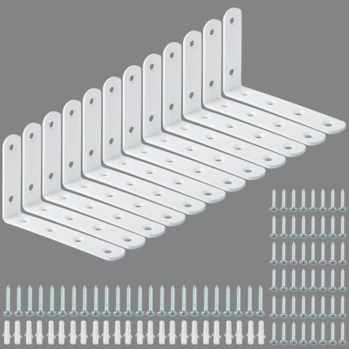 Alise 12 Pack Floating Shelf Brackets,White Heavy Duty L Bracket Corner Brace,Stainless Steel Corner Brackets,Joint Angle Brackets for Hanging Support,Shelves Support DIY (5 x 3 Inch)