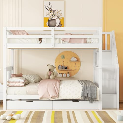 Letto a castello 140 x 200 cm con ripiano per scale e 2 cassetti (certificato EN747-1, senza materasso, bianco), lettino sicuro con ringhiera alta e MDF in legno di pino – Design salvaspazio per