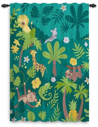 ggaimwf Rideaux Jungle Safari à Plis Crayon Animaux Forêt Tropicale Zoo de Dessin animé coloré Rideau de fenêtre pour Chambre d'enfant Salle de Jeux de la crèche Onglet arrière 107x160cm 1 Panneau