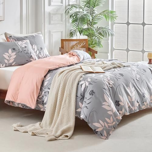 Tokokimo Bettwäsche 200x200 3teilig - Bettwäsche-Sets mit 2 Kopfkissenbezüge mit Reißverschluss 80x80 - Blattmuster mit Farbverlauf Mikrofaser Bettbezug für Doppelbetten mit Reißverschluss, Grau