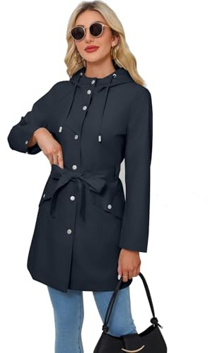 Lätt anorak för kvinnor, utilityjacka med knäppning, ledig vattentät vår-/höstkappa med huva, Marinblått Xsp, XL