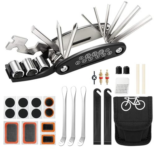 POHOVE 16 in 1 Multitools Fahrrad Reparatur Werkzeug Set, Fahrrad Werkzeugset, Faltbares Abziehbar Werkzeug Flickzeug Reifenheber mit Storage Bag, für Mountainbike und Rennrad Camping Essentials