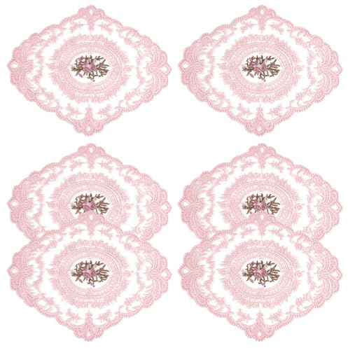 BENECREAT 6 Set de Table en Dentelle Rétro Rose de 21.4cm Napperon en Dentelle Brodé Ovale de 26.6cm pour Dessous de Verre de Mariage à la Maison
