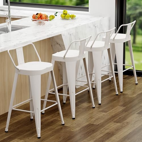 ALISH 30 Inch Bar Stools Set of 4, Industrial Metal Barstools Farmhouse Bar Chairs with Large Seat for Kitchen Island (30 Inch, White)