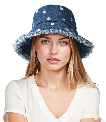 AYPOW Algodón Mezclilla Sombrero de Pescador Mujer,Plegable Bucket Hat Protección UV Sombrero de Sol Ligera al Aire Libre Gorra de Pesca, Moda Diario Bordado Margaritas Verano Playa Gorros