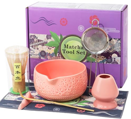 Matcha Whisk Set,7 Pcs Matcha Set, Matcha Set Whisk and Ceramic Bowl Kit for Ceremony, Matcha Tea Set with Bamboo Whisk, Sifter, Bamboo Scoop and Holder and Accessories, Gift for Matcha Lover-Pink
