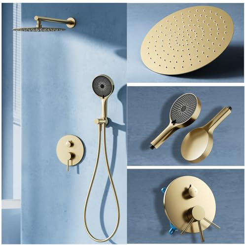 Sistema De Ducha Empotrado Oro Cepillado, Latón Columna de Ducha, 2 funciones Juego De Ducha Con 30X30 cm Cabezal de Ducha de Lluvia, 3 Modos Ducha de Mano, Montaje en Pared Apto para baño