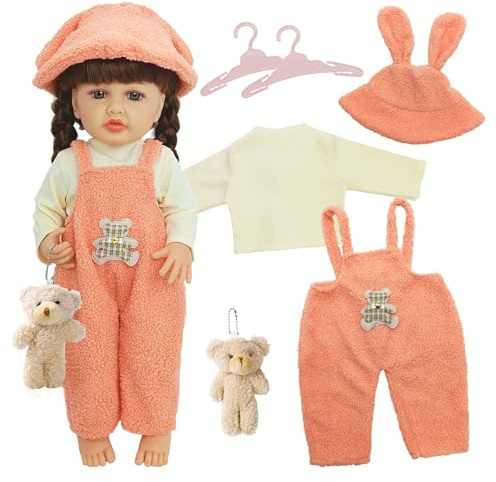 WanderGo Baby Doll clothes for 20-22 inch Dolls, 6-piece Outfit with Top + Pants + Hats + 2 Hangers + Plush Pendant, Orange Bear-Themed Dolls Clothes (Doll not included)