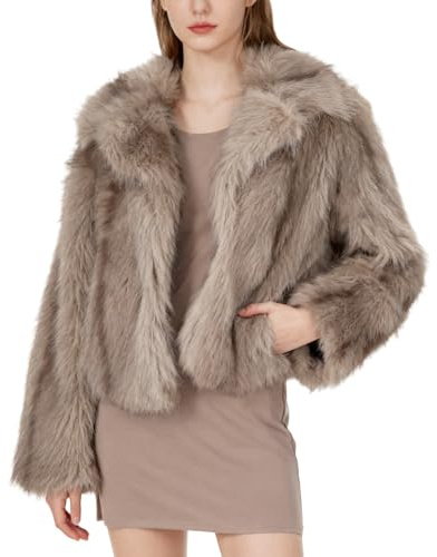 Amazhiyu Abrigo de piel para mujer, chaqueta de felpa, chaqueta de piel sintética, chaqueta de piel sintética, chaqueta corta de felpa, chaqueta de invierno, abrigo de piel sintética, cuello abierto