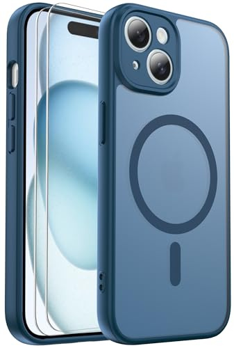 Ezanmull for iPhone 15 Case, Fit for Magsafe, Blue | 18FT Mil-Grade Protection, Full Camera Protection, With Screen Protector X2, Translucent Matte, Rugged Shockproof Protective