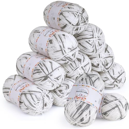 Aeelike Laine à Tricoter,12×50g Fil Crochet pour Débutants, Blanc Grisâtre