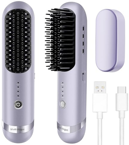 Cordless Hair Straightener Brush, 2 in 1 Curling & Straightening Brush with 200 Million Negative Ions, Mini Travel Hot Straightener Comb for Women, Fast Heating & Dual Voltage